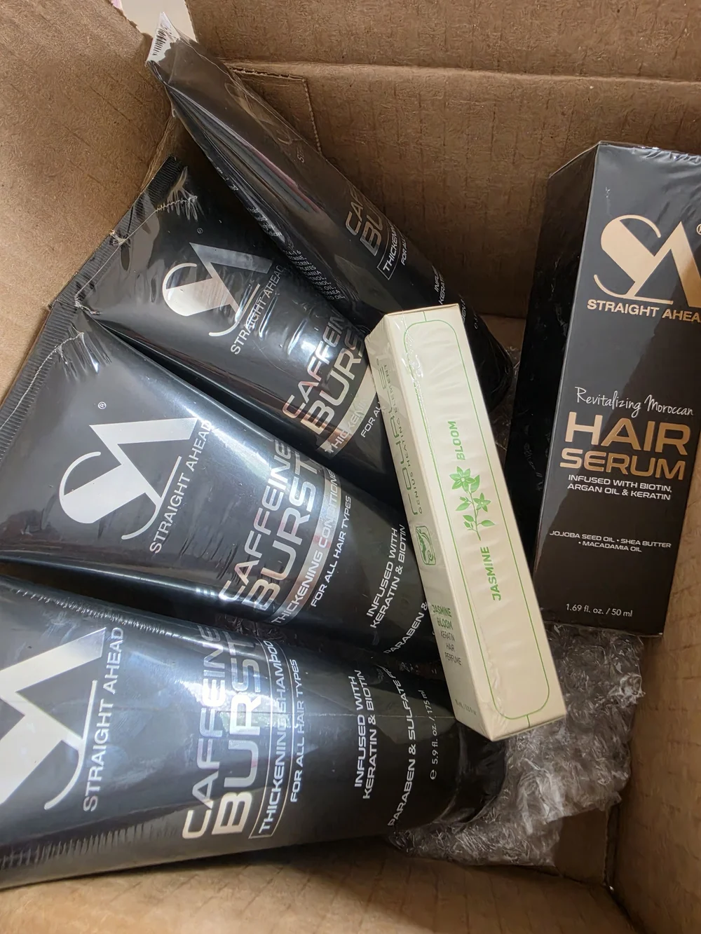 Caffeine Burst Thickening Shampoo - Black. Box containing 6 products: 2 shampoos